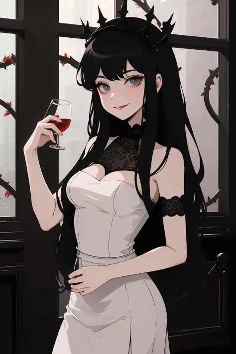 a woman in a white dress holding a glass of wine