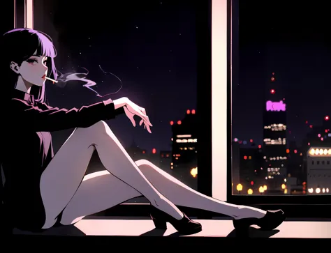 anime girl sitting on window sill looking out at city at night