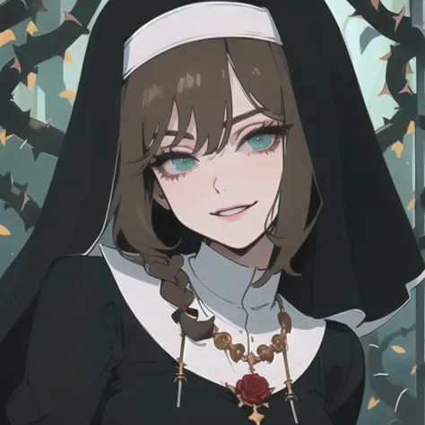 (masterpiece, best quality, high quality, highres:1.4), detailed, extremely detailed, ambient soft lighting, 4K, 1girl, mature female, (nun, nun habit, glossy lips:1.2), (smirk:1.2), (light aqua green eyes, tsurime, eyelashes, brown hair, medium hair, uneven hair, parted hair, wavy hair, single braid:1.2), (medium breasts:1.2), face portrait, (gold necklace, looking at viewer, from front, from above, condescending:1.2), (light shafts, god rays, illumination, glow, light particles, ethereal, wind:1.2), (roses, thorns, vines pattern:1.2)