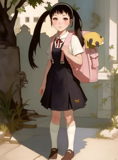 realistic full body photo of a  1girl, hachikuji mayoi, backpack, bag, twintails, by Jeremy Lipking, by William Bouguereau, (by Alphonse Mucha:0.5)