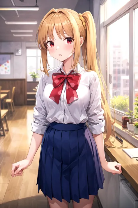 anime girl with long blonde hair and a bow tie in a room