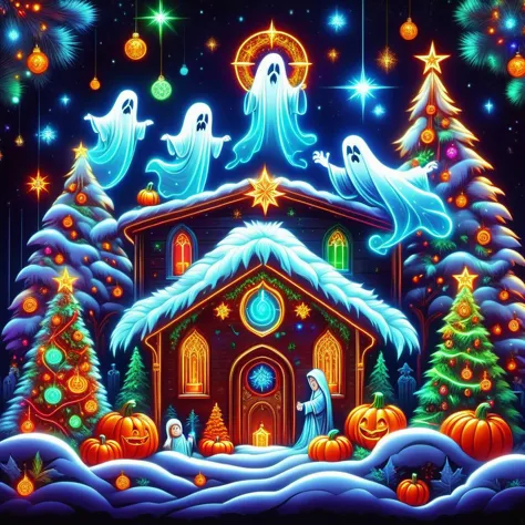hyper detailed masterpiece, dynamic realistic digital art, awesome quality, DonMN30nChr1stGh0stsXL neon christmas card designs, ...