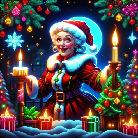 hyper detailed masterpiece, dynamic realistic digital art, awesome quality, DonMN30nChr1stGh0stsXL neon vintage, mrs. claus, min...