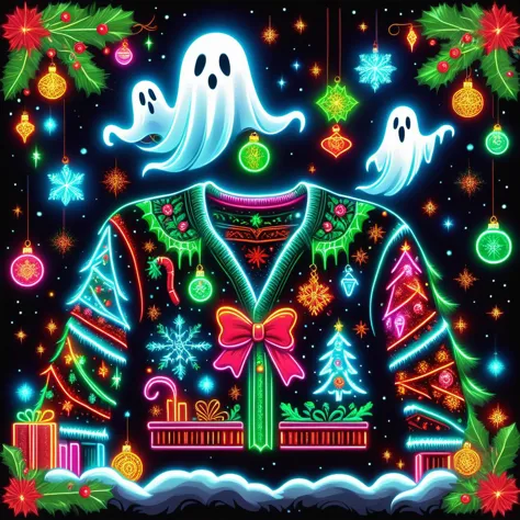 hyper detailed masterpiece, dynamic realistic digital art, awesome quality, DonMN30nChr1stGh0stsXL neon ugly christmas sweater d...