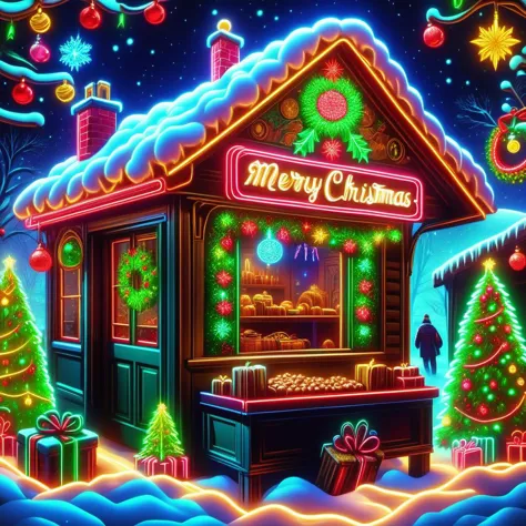 hyper detailed masterpiece, dynamic realistic digital art, awesome quality, DonMN30nChr1stGh0stsXL neon christmas market art, co...