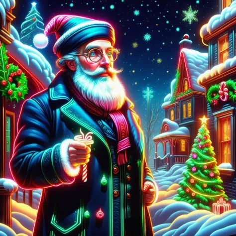 a painting of a santa claus holding a candy cane in a snowy town