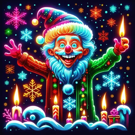 hyper detailed masterpiece, dynamic realistic digital art, awesome quality, DonMN30nChr1stGh0stsXL neon ugly christmas sweater designs, snow miser, snowflakes, radiant and glowing,reflective and grateful,cheerful and lively, candles, visiting family and friends  <lora:DonMN30nChr1stGh0stsXL-000009:1>