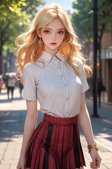 <lora:Again_Girl_A16:0.8>, 1girl, breasts, earrings, looking at viewer, solo, long hair, blonde hair, pleated skirt, outdoors, cowboy shot,