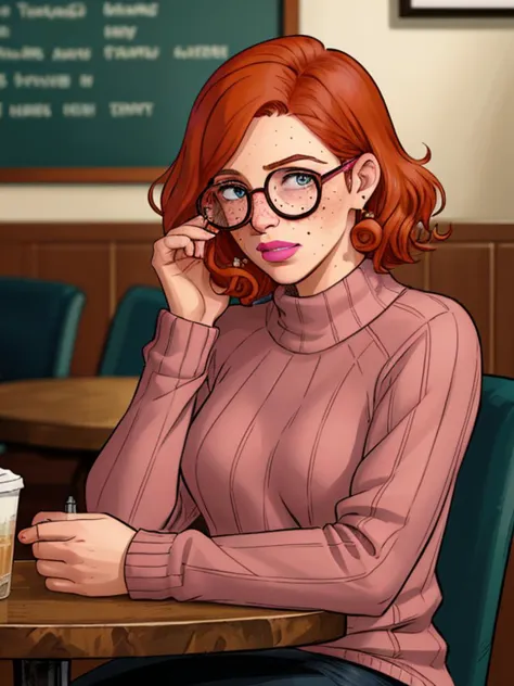 a cartoon woman sitting at a table with a cup of coffee