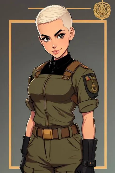 spiky bald hairstyle, short hair, mexican skin, gloves, uniform military, 1girl ,dark black hair, ((hair cut super short,)), soft Brown eyes, smile lips,