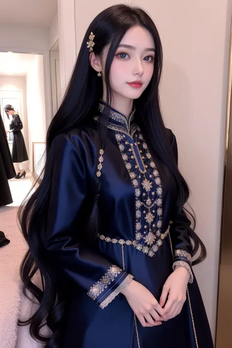 a woman with long black hair wearing a blue dress and gold jewelry