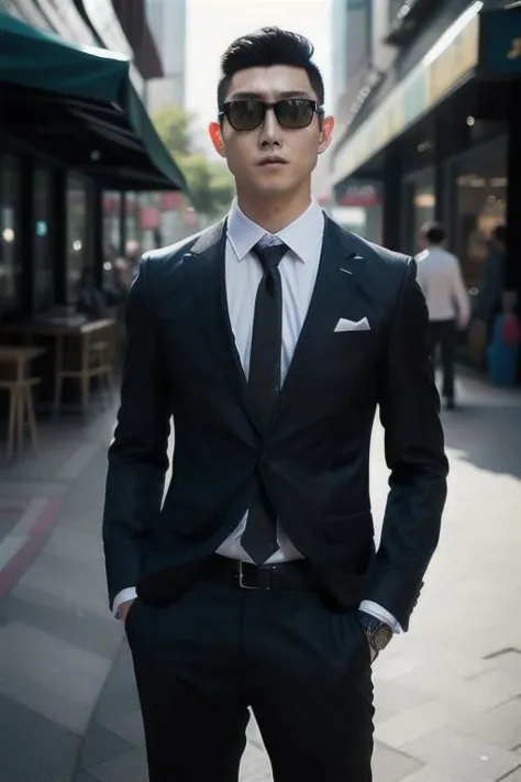 arafed man in a suit and sunglasses standing on a sidewalk