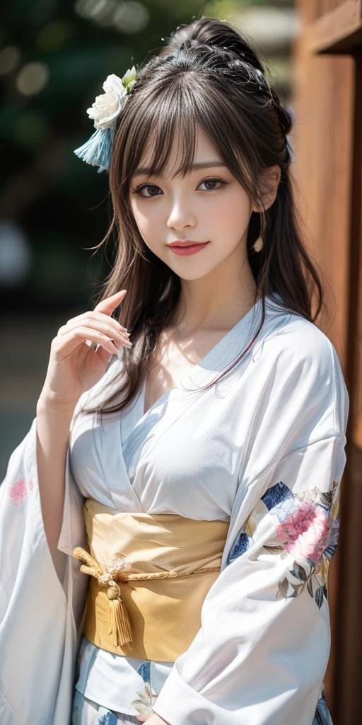1girl,18s,light smile, best quality,realistic photo,(beauty hair,ostentatious hair accessories,gorgeous hair accessories,light smile:1.15),(slim waist:1.1),,light smile,happy,((((upper body,real face photo,background blur)))),big eyes,analog style,physically-based rendering,ultra-detailed,professional lighting, photon mapping,(bokeh),(RAW photo, best quality, masterpiece:1.3), (realistic, photo-realistic:1.3),detailed facial features,slim girl,tassel, innocent, bangs,(pureerosface_v1:0.90) ,(ulzzang-6500-v1.1:0.85),(looking at viewer,close in viewer:1.2),(front photo, front view:1.99), (clavicle, cleavage:1.10), small breasts, TamaoTamamura, japanese clothes, wide sleeves, colorful kimono, sash, obi, yukat,show cleavage,show clavicle,(naked body with kimono clothes:1.99),kimono  style hair,