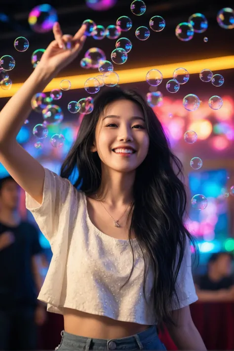 a woman in a white shirt and jeans is blowing bubbles