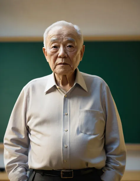 hangfeng, an old man standing in a classroom, realistic skin texture, shoulder portrait, harsh lighting, 4k, uhd, masterpiece