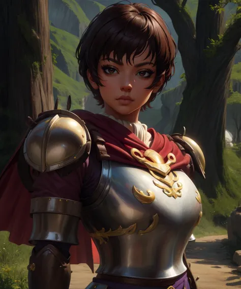 casca,brown eyes,brown hair,short hair,
armor,shoulder pads,red cape,purple  pants,
standing,upper body,
camp,plains,looking at viewer,
(insanely detailed, beautiful detailed face, masterpiece, best quality),