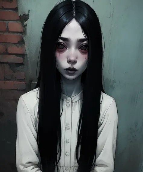 Sadako,long black hair,pale skin,black eyes,
White dress,dirty clothes,
solo,night,upper body,
(insanely detailed,masterpiece, b...