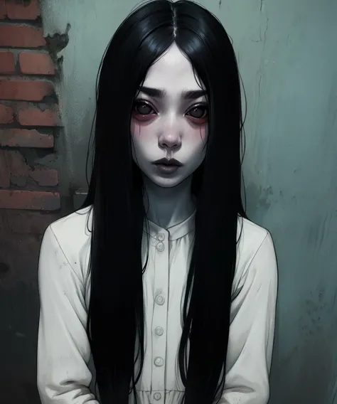 sadako,langes schwarzes Haar,blasse Haut,schwarze Augen,
weißes Kleid,dreckige Kleidung,
Allein,Nacht,Oberkörper,
(wahnsinnig detailliert,Meisterwerk, beste Qualität),Allein,