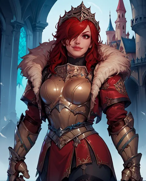 score_9,score_8_up,score_7_up,
hildexl,red hair,lips,hair over one eye,red eyes,mole under mouth,
armor,gauntlets,fur trim,breastplate,thighhighs,red coat,head crown,looking at viewer,light smile,
standing,    
european castle,
