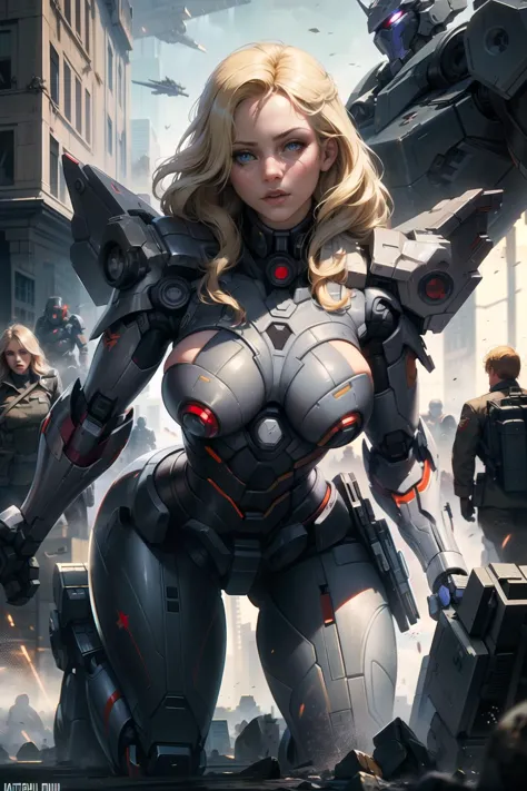 a woman in a futuristic suit standing in front of a group of people