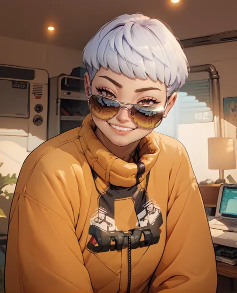 score_9,score_8_up,score_7_up,score_6_up,sunglasses,kairiimahara,
white hair,short hair,brown eyes,smug,yellow body suit,
standing,
science fiction,indoors,camp,<lora:ValkAPL:0.9>,