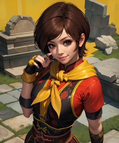 Eileen,brown hair,short hair,brown eyes,
yellow neckerchief,red chinese top,elbow pads,short sleeves,black pants, fingerless gloves,  
stone ruins,smile,
standing,upper body,looking at viewer,
(insanely detailed, masterpiece, best quality),<lora:Eileen:0.8>,