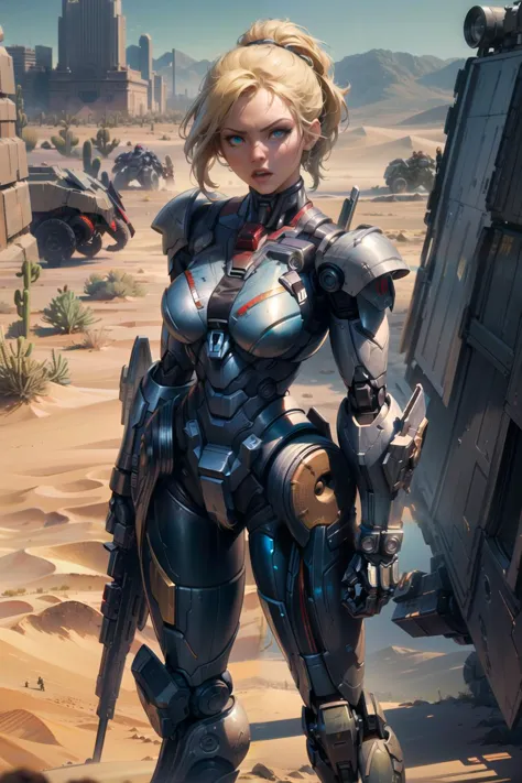 realistic, high quality, (masterpiece: 1.2), extremely read,detailed, absurd, solo woman,(edgMecha, wearing edgMecha, mecha suit, robot suit) ,(blonde hair,ponytail), expression of rage,blue eyes, , extremely design bright and shiny, looking at the viewer,(battlefield:1.3),,(standing in desert:1.3),vertical,8k,4k,<lora:edgMechaSuit:1><lora:add-detail-xl:0.4><lora:detail_slider_v4:0.8><lora:more_details:0.4><lora:hairdetailer:0.4><lora:Krys_Decker_style_v1-10:0.3><lora:Concept Art Twilight Style SDXL_LoRA_Pony Diffusion V6 XL:0.8>