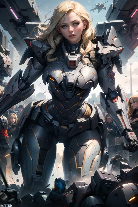 realistic, high quality, (masterpiece: 1.2), extremely read, absurd, solo woman,(mecha suit,) ,(long blonde hair),blue eyes, , extremely design bright and shiny, looking at the viewer,(battlefield:1.3),vertical,8k,4k,<lora:edgMechaSuit:1>