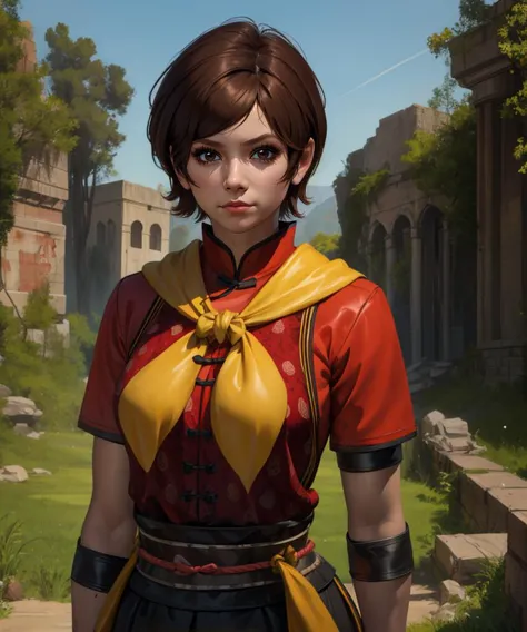 Eileen,brown hair,short hair,brown eyes,
yellow neckerchief,red chinese top,elbow pads,short sleeves,black pants,
stone ruins,
s...