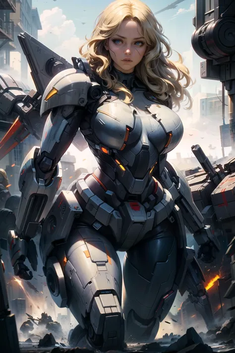 a woman in a futuristic suit standing in front of a city