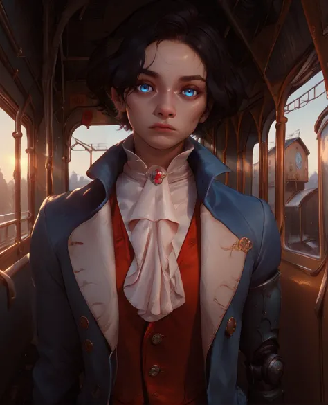 a woman in a blue coat and red shirt standing on a train