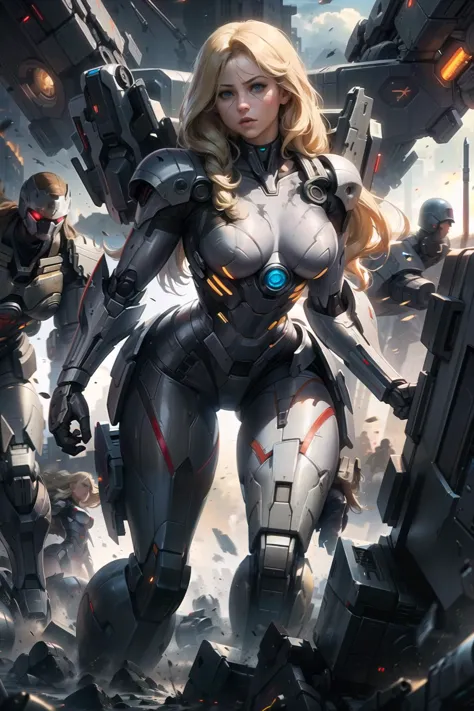 a woman in a futuristic suit standing in front of a group of robots