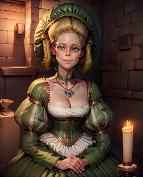 a woman in a green dress sitting next to a candle