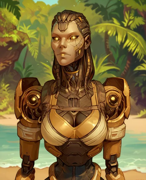 a close up of a woman in a gold armor standing on a beach