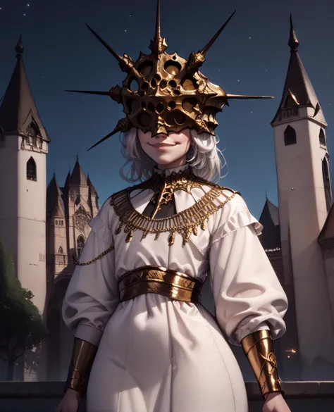 a woman in a white dress and gold crown standing in front of a castle