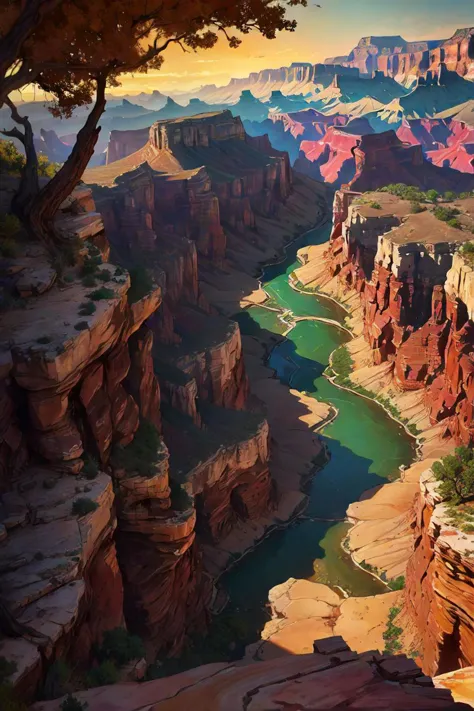 Araffe Blick auf einen Canyon mit einem Baum am Rand, ein detailliertes Matte Painting von George Jamesone, Gewinner des Shutterstock-Wettbewerbs, Kunst, Grand Canyon | Goldene Stunde, Grand Canyon, Grand Canyon in background, (wahnsinnig detailliert, schönes detailliertes Gesicht, Meisterwerk, beste Qualität),