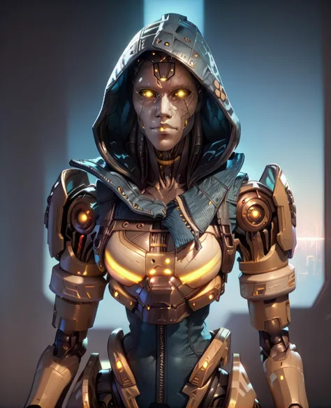 a close up of a woman in a futuristic suit with a hood on