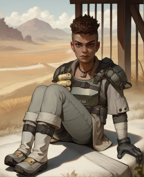 score_9,score_8_up,score_7_up,score_6_up,
BangaloreXL,brown eyes,
short curly hair,gloves,underpants,boots,skirt,
sitting,sweat,
tactical armor,grey tunic,black gloves,shoulder armor,looking at viewer,necklace,
plains,under shade,
<lora:Bangalore:1>,