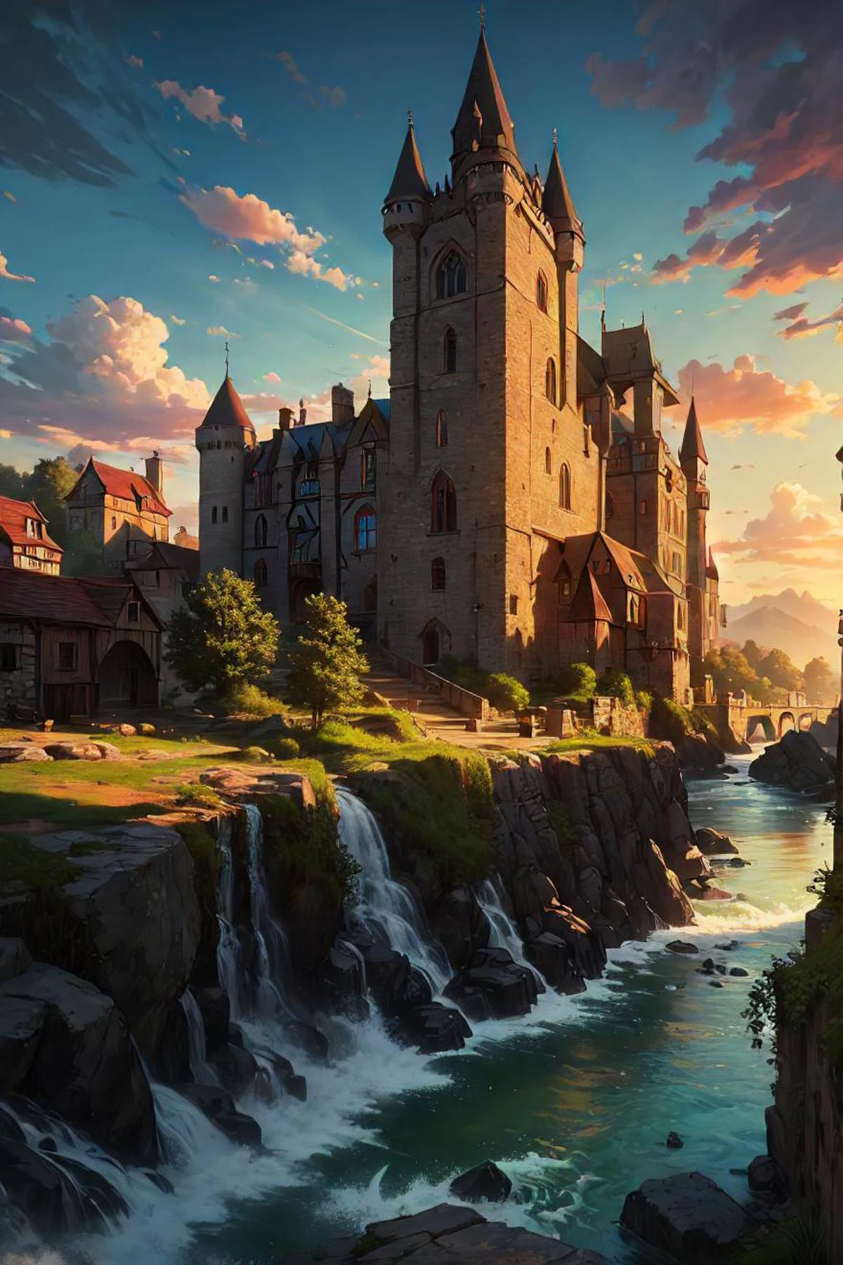 中世纪城堡, 阳光, 谷, 河, 村庄, 电影灯光, (极其详细, 美丽细致的脸庞, 杰作, 最好的质量),