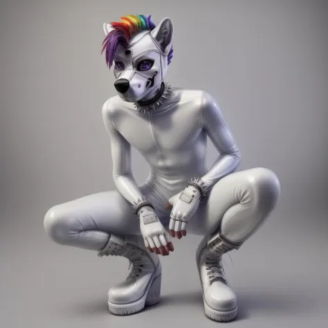 puppernova,all white pup mask,puppy,white puppy mask,white pup hood,skinny,slender,thin,spikey rainbow mohawk,all white latex suit,white boots,white platform boots,buckles,white spike bracelets,white spike collar,shinny white,squeaky,rubber pup,solo:1.5,gl...