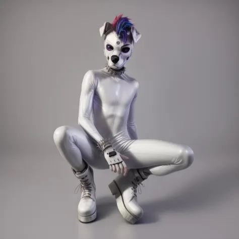 puppernova,all white pup mask,puppy,white puppy mask,white pup hood,skinny,slender,thin,spikey rainbow mohawk,all white latex suit,white boots,white platform boots,buckles,white spike bracelets,white spike collar,shinny white,squeaky,rubber pup,solo:1.5,gl...