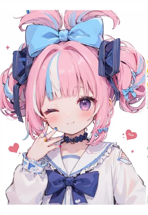 folded twintails,1girl,virtual youtuber,solo,one eye closed,multicolored hair,bow,smile,heart,hair bow,purple eyes,blue hair,braid,v,white background,upper body,bangs,looking at viewer,blue nails,sailor collar,long sleeves,simple background,blue bow,blush,nail polish,purple hair,hair rings,alternate hairstyle,blunt bangs,closed mouth,frills,streaked hair,pink hair,shirt,long hair,;),sidelocks,white shirt,