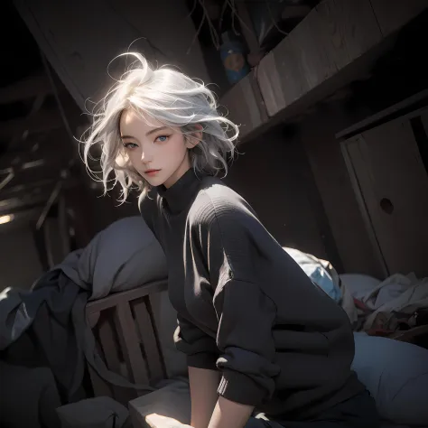 3dmm, (photorealistic:1.4), short hair, silver hair, blue eyes, hair parted, black oversized_sweater, oversized_sweater BREAK 1girl, female focus, (narrow waist:1.1), (character focus:1.1), nice hands, perfect hands, medium breasts, perfect features, (perfect anatomy), very detailed faces, parted lips,  good lighting, cinematic lighting, volumetric lighting, rim lighting, dimly lit ruins, dynamic lighting, (best quality:1.3), (masterpiece, realistic:1.3), (extremely intricate:1.2), (extremely delicate), (ultra realistic:1.3), (extremely detailed eyes), dslr, 8k, ultra-detailed, glossy skin, Smooth curves, Bold outlines, Crisp shapes, Clean lines, Sharp edges, Minimalist, Precise geometry, Simplistic BREAK [perfect shadows and lighting], soft shadows, Akihiko Yoshida art style BREAK background blur BREAK <lora:GoodHands-beta2:0.9>, <lora:more_details:0.5>, <lora:last:0.2>, <lora:add_detail:0.1>, <lora:epi_noiseoffset2:0.5>, <lora:tangbohu-line_1.0:0.3>, <lora:colorize:0.2>, <lora:oversized_sweater:0.1>,  <lora:LadyNagantMHAv1:0.21>