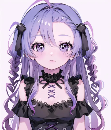 (solo, 1girl:1.2), 
(portrait), 
simple background,
official art, 
twintails, black dress, purple hair, purple eyes, corset piercing, multicolored eyes, spider girl, gradient eyes, 
arms at sides,