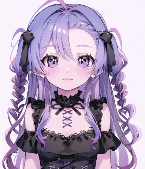 (seulement, 1fille:1.2), 
(portrait), 
fond simple,
art officiel, 
Twintails, Robe noire, cheveux violets, yeux violets, perçage du corset, yeux multicolores, La fille araignée, yeux dégradés, 
bras sur les côtés,