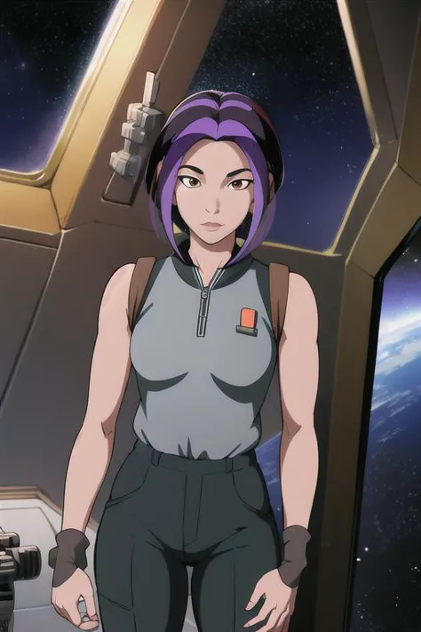 masterpiece, best quality, highres, akimakunimoto, purple hair, short hair, brown eyes, space station, window, outerspace, soldi...