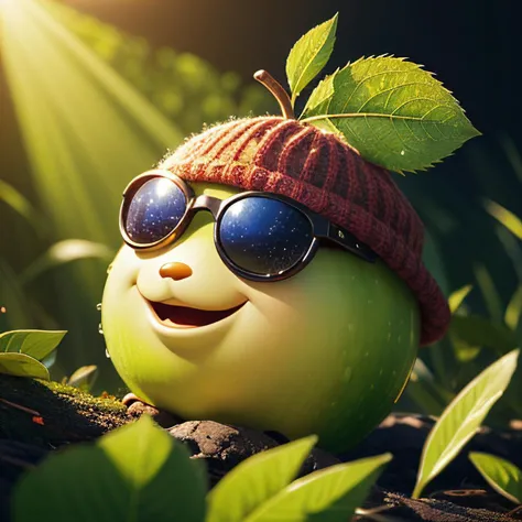 masterpiece: concept art, best quality, very cute appealing anthropomorphic apple wearing a cap and sunglasses, looking at the v...