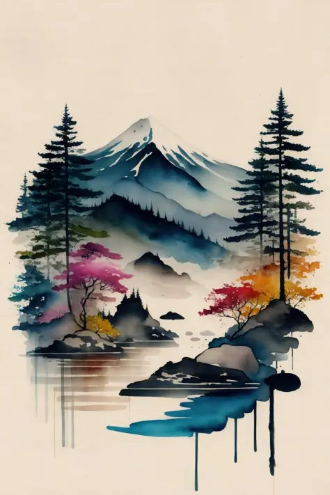 white background, scenery, watercolor, mountains, water, trees, colorful,  <lora:Ink scenery:1>