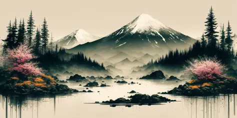 白色の背景, 景色, インク, 山々, 水, 木 