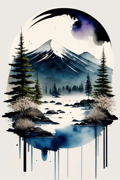 white background, scenery, watercolor, mountains, water, trees, moon, colorful,  <lora:Ink scenery:1>